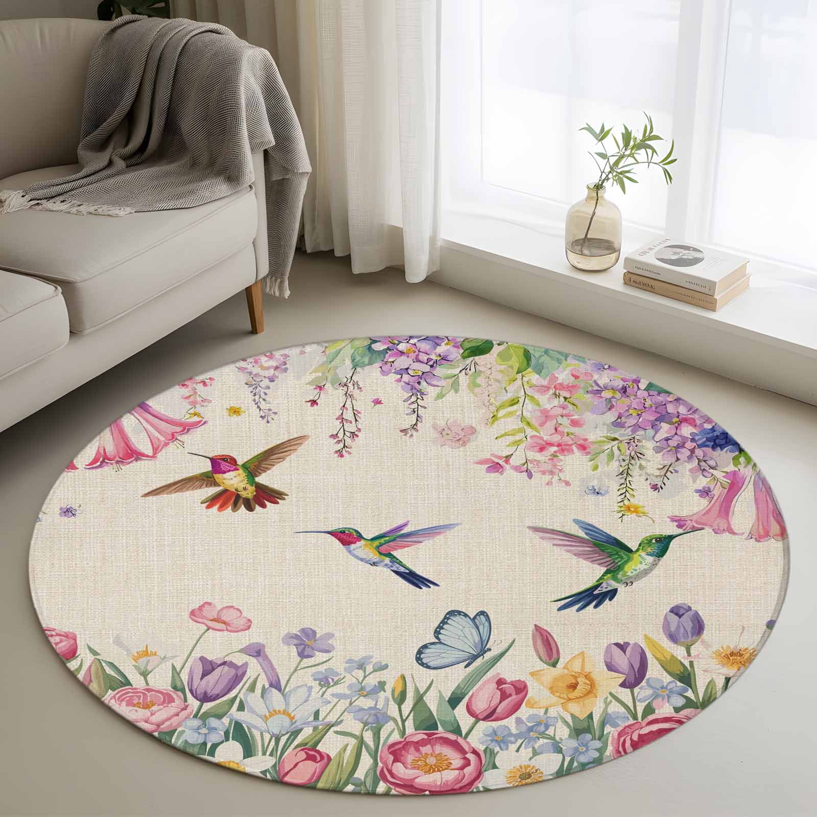 Round Hummingbird Rug Round Area Rug 4 Ft, Watercolor Flowers Washable Non-Slip Circle Carpet ...