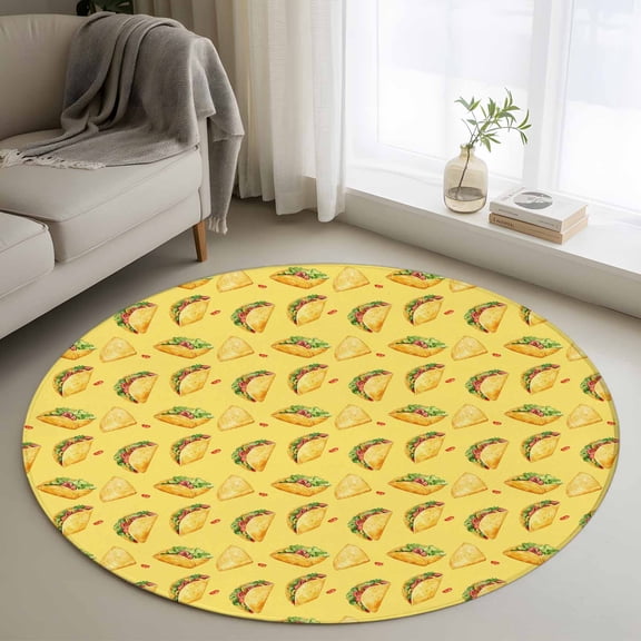 Round Area Rug 4 Ft, Yellow Tacos Washable Non-Slip Circle Carpet for Living Room/Bedroom, Cheese Vegetables Cartoon Food Low-Profile Crawling Mats Collection Rugs for Indoor