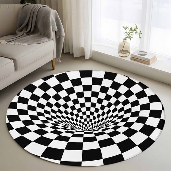 Round Area Rug 4ft, 3D Checkerboard Tunnel Non-Slip Non-Shedding Floor Mat, Black White Optical Illusion Washable Sturdy Carpet for Living Room Bedroom Home Decor