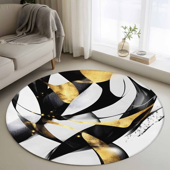 Round Area Rug 4ft, Abstract Black Gold White Lines Art Non-Slip Non-Shedding Floor Mat, Modern Geometric Pattern Washable Sturdy Carpet for Living Room Bedroom Home Decor