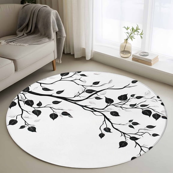 Round Area Rug 4ft, Abstract Branches Leaves Non-Slip Non-Shedding Floor Mat, Black White Artwork Washable Sturdy Carpet for Living Room Bedroom Home Decor