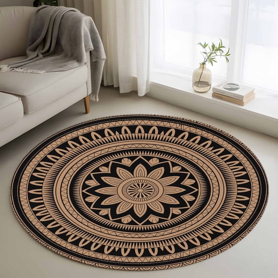 Round Area Rug 4ft, Abstract Brown Flowers Non-Shedding Washable Area Rug, Retro Mantoro Floral Art Non Slip Low-Profile Circle Rugs for Living Room, Bedroom Dining Room