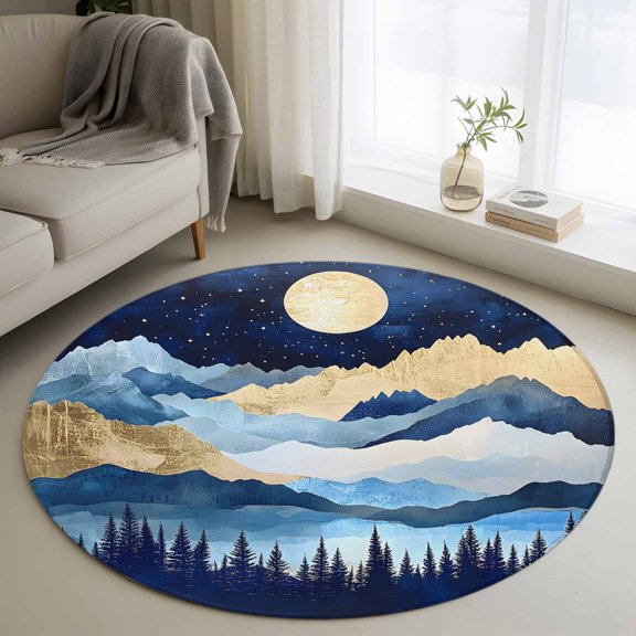 Round Area Rug 4ft, Abstract Cartoon Landscape Hill Non-Shedding Washable Area Rug, Green Forest Lake Star Non Slip Low-Profile Circle Rugs for Living Room, Bedroom Dining Room
