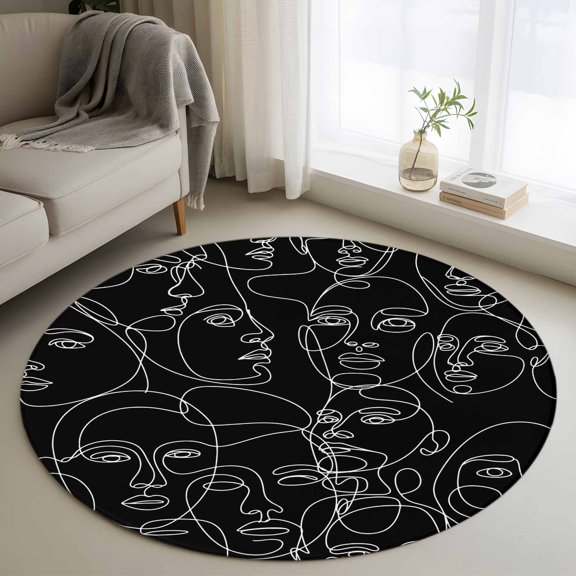 Round Area Rug 4ft, Abstract Character Face Modern Line Arts Non-Slip Non-Shedding Floor Mat, Black White Washable Sturdy Carpet for Living Room Bedroom Home Decor