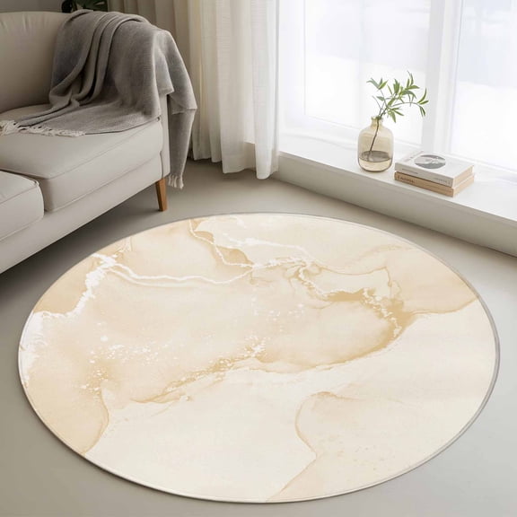 Round Area Rug 4ft, Abstract Cream White Marble Texture Non-Slip Non-Shedding Floor Mat, Watercolor Fluid Art Washable Sturdy Carpet for Living Room Bedroom Home Decor