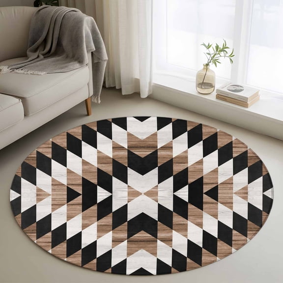 Round Area Rug 4ft, Abstract Geometric Pattern Non-Slip Non-Shedding Floor Mat, Vintage Wood Grain Washable Sturdy Carpet for Living Room Bedroom Home Decor