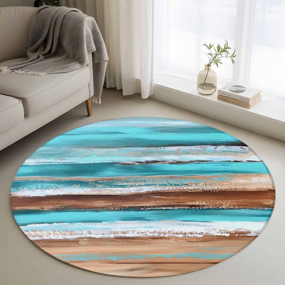 Round Area Rug 4ft, Abstract Gradient Beach Scene Non-Shedding Washable Area Rug, Turquoise Sea Wave Sandbeach Non Slip Low-Profile Circle Rugs for Living Room, Bedroom Dining Room