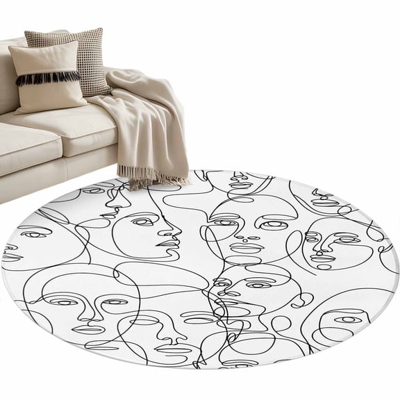 Round Area Rug 4ft Abstract Human Face Floor Carpets Indoor Floor Area Mat Stain-Proof Mat Circle Rugs for Living Room Dining Room Kitchen Bedroom, Aesthetic Portrait Lines Sofa Throw Carpet