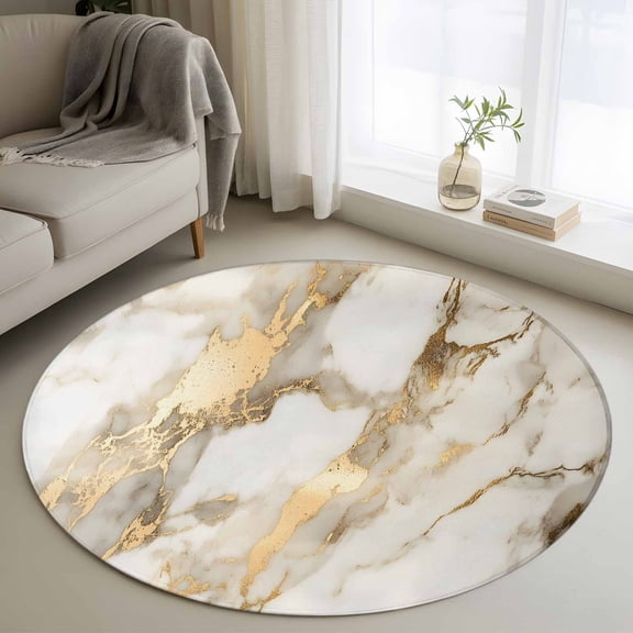 Round Area Rug 4ft, Abstract Marble Texture Pattern Non-Slip Non-Shedding Floor Mat, Gold White Gradient Washable Sturdy Carpet for Living Room Bedroom Home Decor