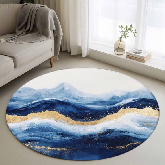 Round Area Rug 4ft, Abstract Ocean Rough Sea Non-Slip Non-Shedding Floor Mat, Marine Big Wave Navy Blue Gold Washable Sturdy Carpet for Living Room Bedroom Home Decor