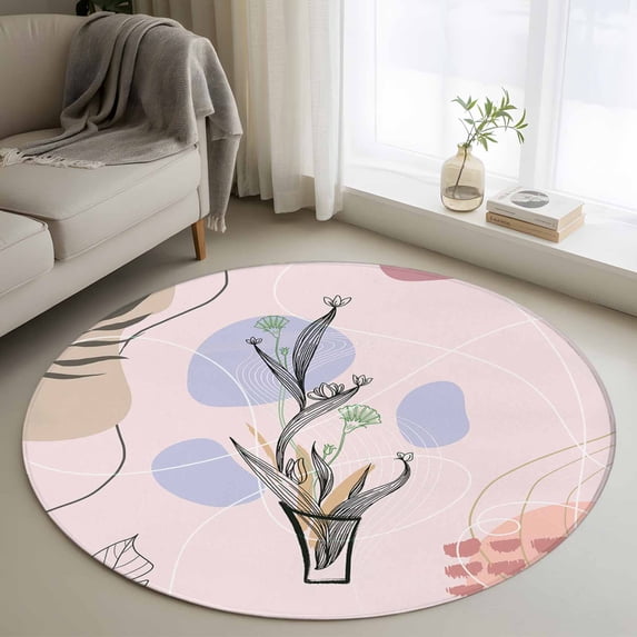 Round Area Rug 4ft Abstract Plant Mid Century Boho Style Area Rugs Washable Low Pile Floor Carpet for Bedroom, Morandi Color Abstract Geometric Non Slip Soft Rugs for Living Room Entryway Dining Room