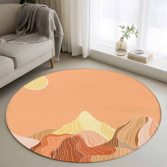 Round Area Rug 4ft,Abstract Sun Mountain Landscape Washable Carpet Non-Slip Runner Accent Rugs Indoor Floor Mat for Bedroom Living Room Decor,Orange Yellow Theme White Line