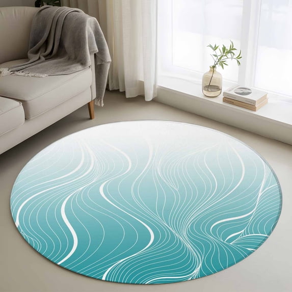 Round Area Rug 4ft,Abstract Wavy Stripes Teal Ombre Washable Carpet Non-Slip Runner Accent Rugs Indoor Floor Mat for Bedroom Living Room Decor,Lines Distortion Art