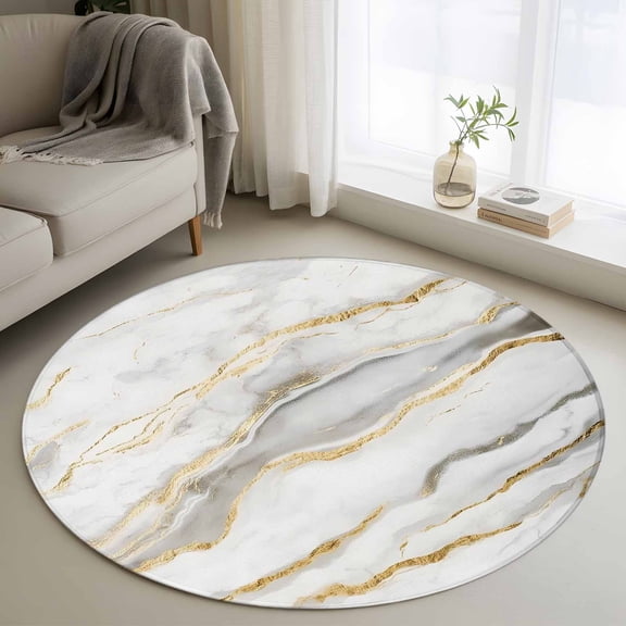 Round Area Rug 4ft, Abstract White Marble Texture Non-Slip Non-Shedding Floor Mat, Retro Golden Veins Seamless Washable Sturdy Carpet for Living Room Bedroom Home Decor