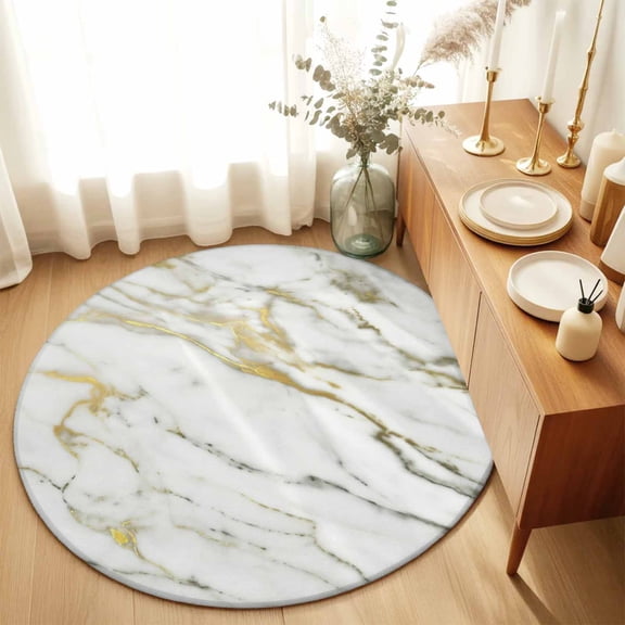 Round Area Rug 4ft,Abstraction Marble Marble Texture Living Room Rug Non-Slip Washable Circle Rugs Pad,Gold Gray Line Soft Floor Carpet for Bedroom Dining Room
