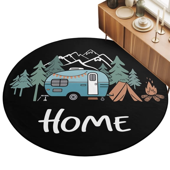 Round Area Rug 4ft Adventure Camper Floor Carpets Indoor Floor Area Mat Stain-Proof Mat Circle Rugs for Living Room Dining Room Kitchen Bedroom, Forest Pine Trees Mountain Home Sofa Throw Carpet