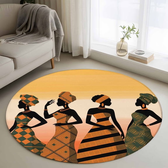 Round Area Rug 4ft,African Ethnic Tribal Black Women Washable Carpet Non-Slip Runner Accent Rugs Indoor Floor Mat for Bedroom Living Room Decor,Gradient Orange