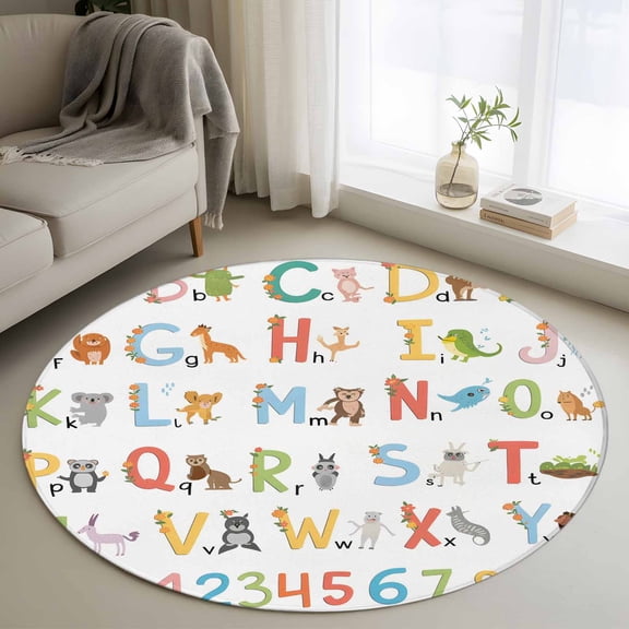 Round Area Rug 4ft,Alphabet Number Cartoon Animal Washable Carpet Non-Slip Runner Accent Rugs Indoor Floor Mat for Bedroom Living Room Decor,English Letter