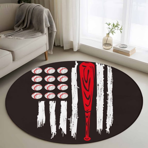 Round Area Rug 4ft, American Flag Baseball Non-Shedding Washable Area Rug, Patriot Black and White Red Non Slip Low-Profile Circle Rugs for Living Room, Bedroom Dining Room