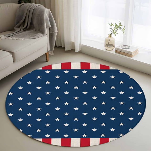 Round Area Rug 4ft, American Independence Day Non-Slip Non-Shedding Floor Mat, USA Stars on Blue Red White Border Washable Sturdy Carpet for Living Room Bedroom Home Decor