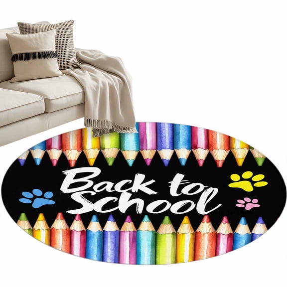 Round Area Rug 4ft Back to School Floor Carpets Indoor Floor Area Mat Stain-Proof Mat Circle Rugs for Living Room Dining Room Kitchen Bedroom, Pencil Paw Print Black Sofa Throw Carpet