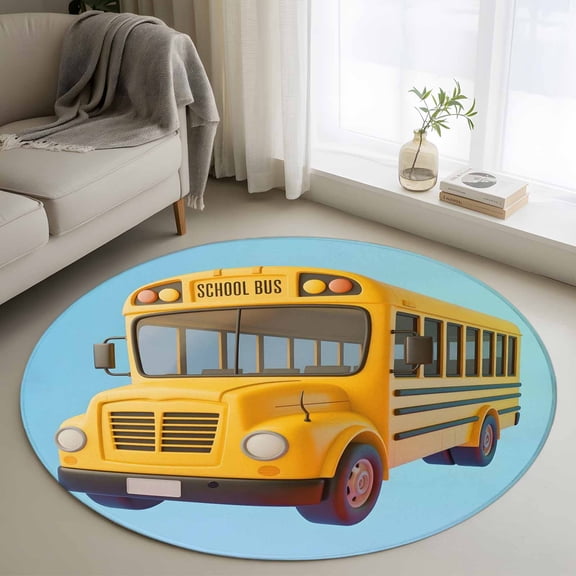 Round Area Rug 4ft, Back-to-school Season Non-Slip Non-Shedding Floor Mat, Yellow School Bus Washable Sturdy Carpet for Living Room Bedroom Home Decor