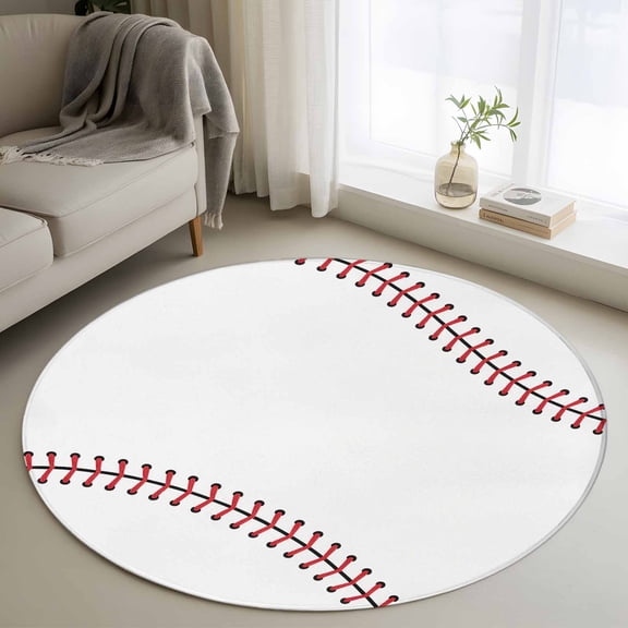 Round Area Rug 4ft, Baseball Sports Texture Non-Slip Non-Shedding Floor Mat, White Red Lines Washable Sturdy Carpet for Living Room Bedroom Home Decor