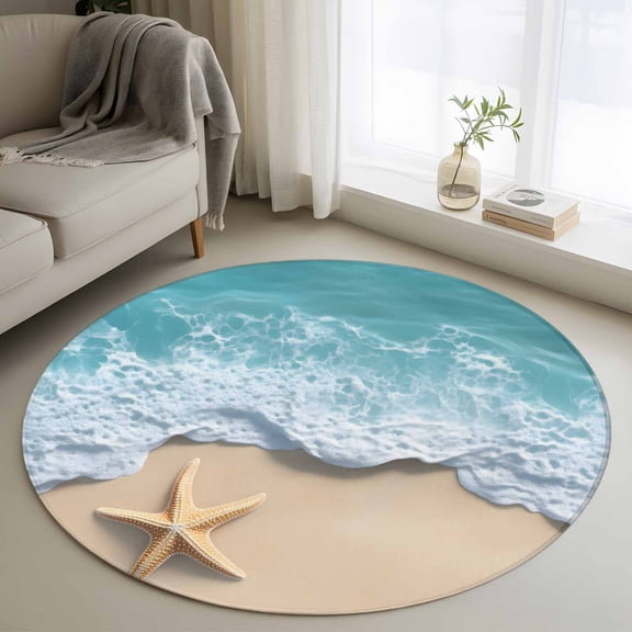 Round Area Rug 4ft Beach Starfish Teal Sea Water Area Rugs Washable Low Pile Floor Carpet for Bedroom, Summer Ocean Theme Non Slip Soft Rugs for Living Room Entryway Dining Room