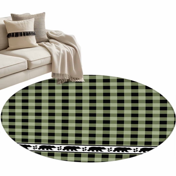 Round Area Rug 4ft Bear Footprints Green Buffalo Plaid Floor Carpets Indoor Floor Area Mat Stain-Proof Mat Circle Rugs for Living Room Dining Room Kitchen Bedroom, Forest Animals Sofa Throw Carpet