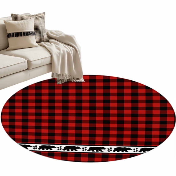 Round Area Rug 4ft Bear Footprints Red Buffalo Plaid Floor Carpets Indoor Floor Area Mat Stain-Proof Mat Circle Rugs for Living Room Dining Room Kitchen Bedroom, Forest Animals Sofa Throw Carpet