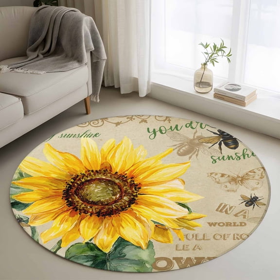 Round Area Rug 4ft Bee Sunflower Floor Carpets Indoor Floor Area Mat Stain-Proof Mat Circle Rugs for Living Room Dining Room Kitchen Bedroom, My Sunshine Vintage Sofa Throw Carpet