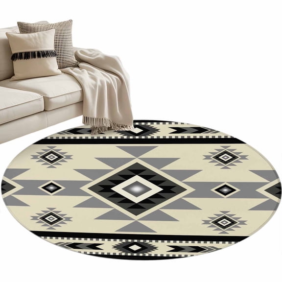 Round Area Rug 4ft Beige Boho Floor Carpets Indoor Floor Area Mat Stain-Proof Mat Circle Rugs for Living Room Dining Room Kitchen Bedroom, Bohemian Native Southwest Ethnic Sofa Throw Carpet