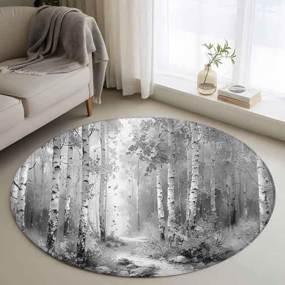 Round Area Rug 4ft, Birch Tree Black White Forest Non-Shedding Washable Area Rug, Vintage Oil Painting Art Non Slip Low-Profile Circle Rugs for Living Room, Bedroom Dining Room