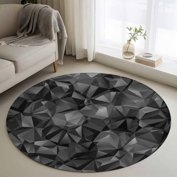 Round Area Rug 4ft Black Geometric Modern Art Area Rugs Washable Low Pile Floor Carpet for Bedroom, Abstract Patterns Seamless Non Slip Soft Rugs for Living Room Entryway Dining Room