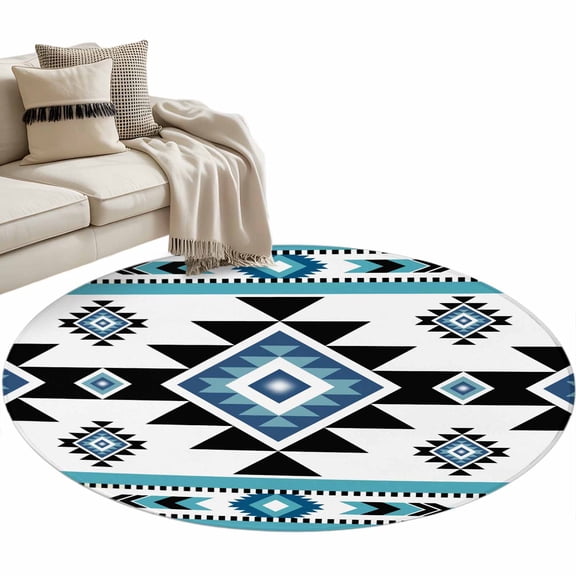 Round Area Rug 4ft Blue Boho Floor Carpets Indoor Floor Area Mat Stain-Proof Mat Circle Rugs for Living Room Dining Room Kitchen Bedroom, Bohemian Native Southwest Ethnic Sofa Throw Carpet