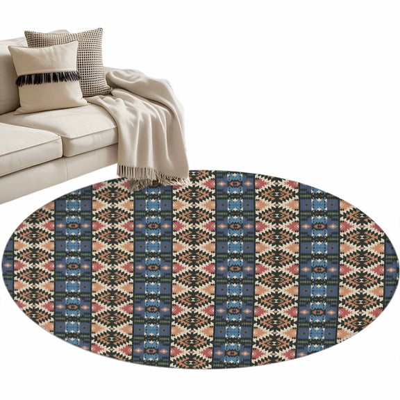 Round Area Rug 4ft Blue Boho Floor Carpets Indoor Floor Area Mat Stain-Proof Mat Circle Rugs for Living Room Dining Room Kitchen Bedroom, Geometric Southwest Ethnic Style Sofa Throw Carpet