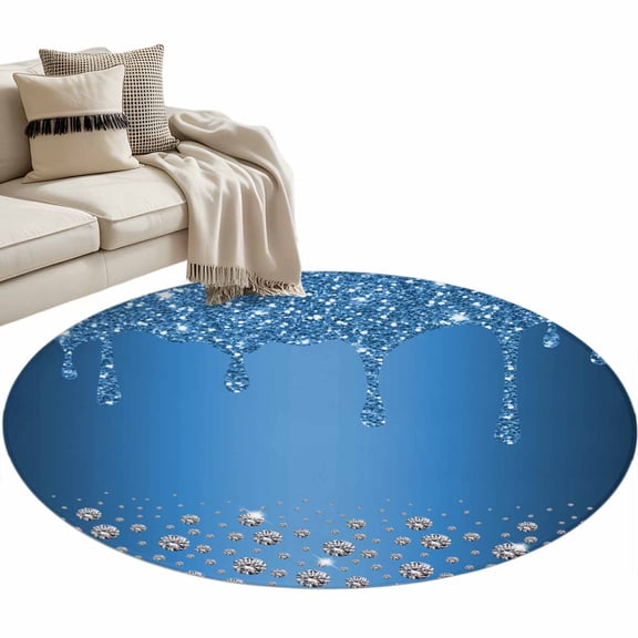 Round Area Rug 4ft Blue Diamond Floor Carpets Indoor Floor Area Mat Stain-Proof Mat Circle Rugs for Living Room Dining Room Kitchen Bedroom, Luxury Bling Water Drop Sofa Throw Carpet