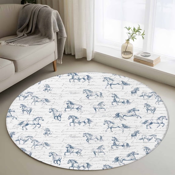 Round Area Rug 4ft, Blue Horse Non-slip Area Rugs for Living Room/Bedroom/Bathroom/Kitchen, Watercolor Vintage Animals Washable Throw Floor Mat Indoor Outdoor Entrance Doormat