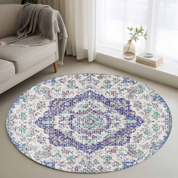Round Area Rug 4ft Blue Medieval Flowers Floor Carpets Indoor Floor Area Mat Stain-Proof Mat Circle Rugs for Living Room Dining Room Kitchen Bedroom, Retro Bohemian Pattern Sofa Throw Carpet
