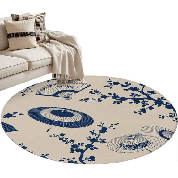 Round Area Rug 4ft Blue Paper Fan Floor Carpets Indoor Floor Area Mat Stain-Proof Mat Circle Rugs for Living Room Dining Room Kitchen Bedroom, Cherry Blossom Branch Japanese Style Sofa Throw Carpet