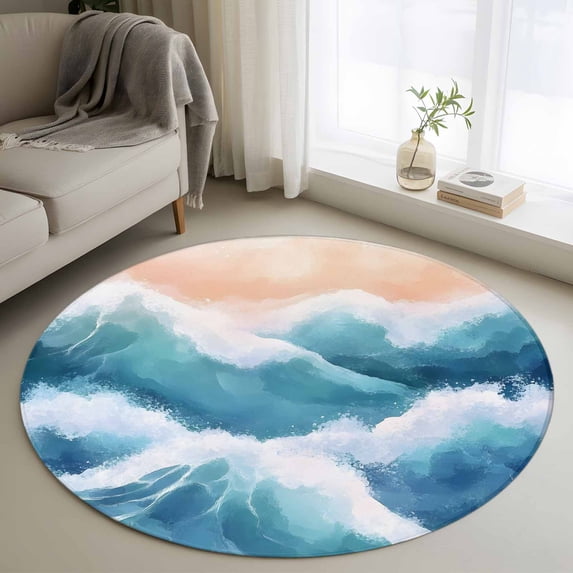 Round Area Rug 4ft,Blue Waves Summer Beach Washable Carpet Non-Slip Runner Accent Rugs Indoor Floor Mat for Bedroom Living Room Decor,Blue Gradient Ocean Spray
