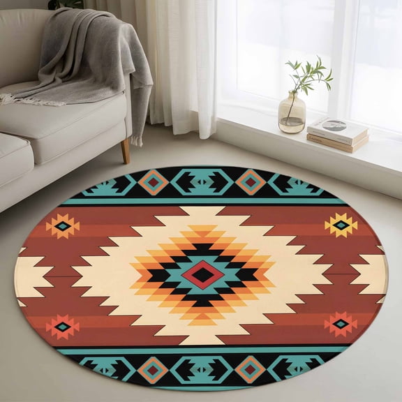Round Area Rug 4ft, Boho Non-slip Area Rugs for Living Room/Bedroom/Bathroom/Kitchen, Brown Turquoise Abstract Tribal Ethnic Geometric Washable Throw Floor Mat Indoor Outdoor Entrance Doormat