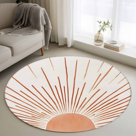 Round Area Rug 4ft,Boho Sun Arch Orange Stripe Washable Carpet Non-Slip Runner Accent Rugs Indoor Floor Mat for Bedroom Living Room Decor,Abstract Lines Modern Art
