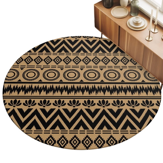 Round Area Rug 4ft Brown Boho Diamonds Floor Carpets Indoor Floor Area Mat Stain-Proof Mat Circle Rugs for Living Room Dining Room Kitchen Bedroom, Bohemian Tribal Zigzags Circles Sofa Throw Carpet