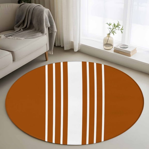 Round Area Rug 4ft Burnt Orange Stripe Area Rugs Washable Low Pile Floor Carpet for Bedroom, Modern Minimalist Style Non Slip Soft Rugs for Living Room Entryway Dining Room