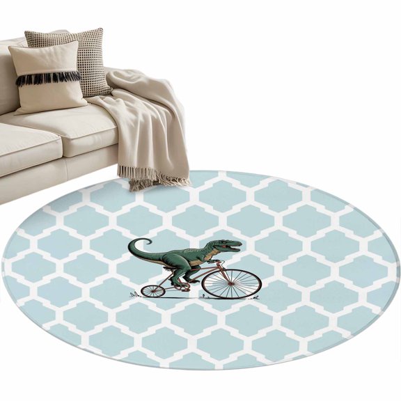 Round Area Rug 4ft Cartoon Dinosaur Ride Bike Floor Carpets Indoor Floor Area Mat Stain-Proof Mat Circle Rugs for Living Room Dining Room Kitchen Bedroom, Teal Geometric Moroccan Sofa Throw Carpet