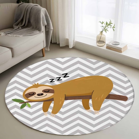 Round Area Rug 4ft, Cartoon Sloth Tree Branch Non-Slip Non-Shedding Floor Mat, Gray Chevron Stripe Animal Washable Sturdy Carpet for Living Room Bedroom Home Decor