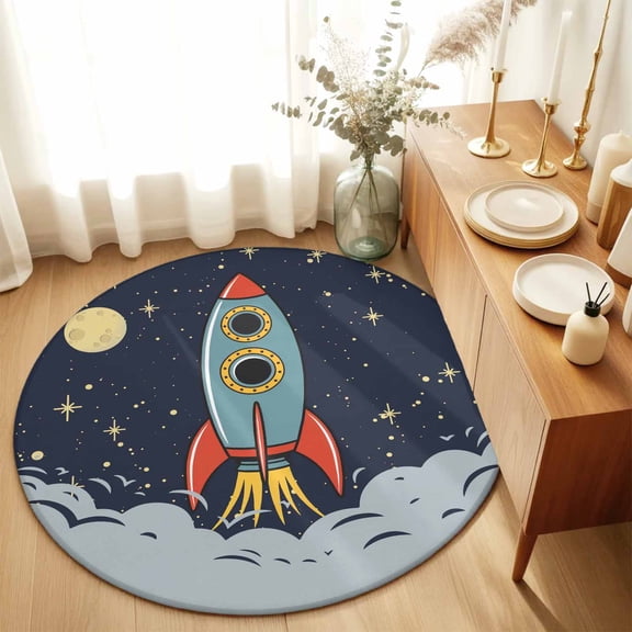 Round Area Rug 4ft,Cartoon Space Rocket Launch Stars and Moon Living Room Rug Non-Slip Washable Circle Rugs Pad,Outer Planet Soft Floor Carpet for Bedroom Dining Room