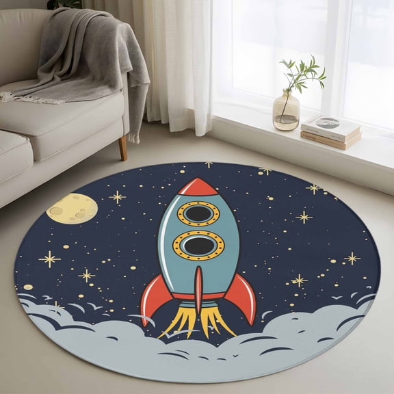 Round Area Rug 4ft,Cartoon Space Rocket Launch Stars and Moon Washable Carpet Non-Slip Runner Accent Rugs Indoor Floor Mat for Bedroom Living Room Decor,Outer Planet