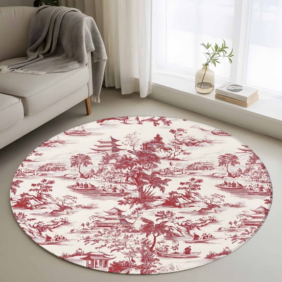 Round Area Rug 4ft, Chinoiserie Garden Asian Scenic Non-Shedding Washable Area Rug, Pavilion Hill Boat Tree Red Non Slip Low-Profile Circle Rugs for Living Room, Bedroom Dining Room